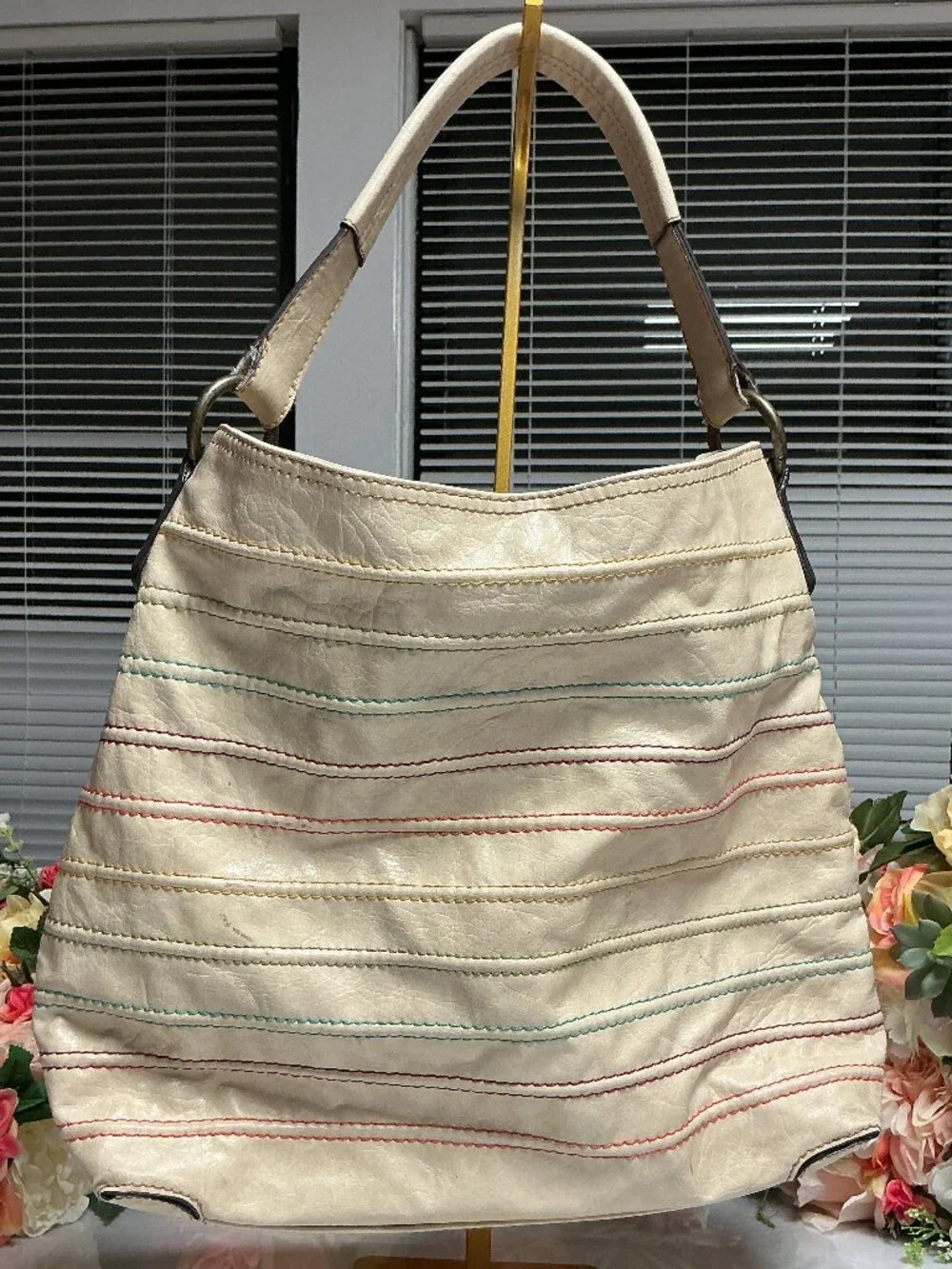 AXCESS Rainbow Stitch Hobo Shoulder Bag Cream Floral Lining Matching Wallet Set